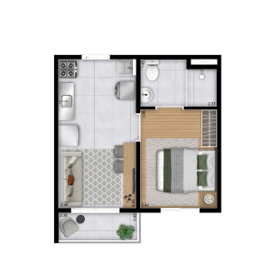 Planta 1 dorm. - 26,76m² - Perspectiva Ilustrada