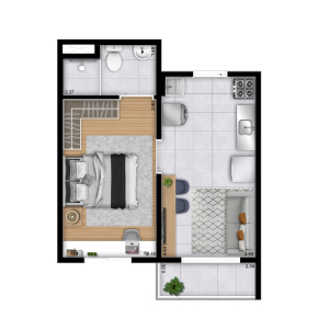 Planta 1 dorm. - 30,09m² - Perspectiva Ilustrada