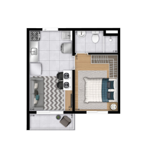 Planta 1 dorm. - 27,62m² - Perspectiva Ilustrada