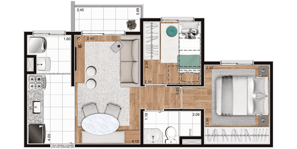 Planta 40,11M² - Perspectiva ilustrativa