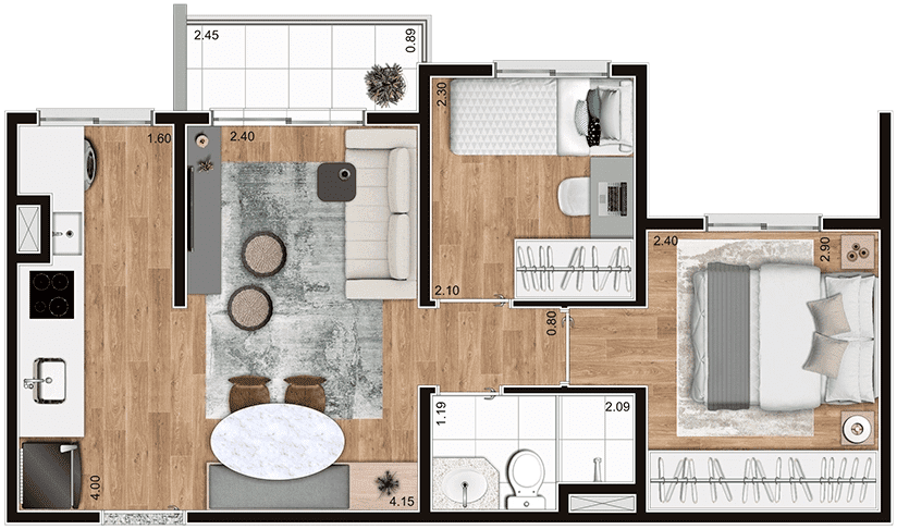 Planta decorado 40,11M² - Perspectiva ilustrativa