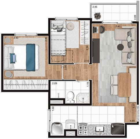 Planta 41,58M² - Perspectiva ilustrativa