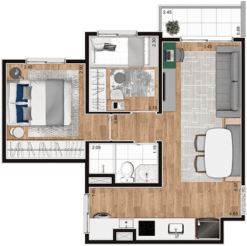 Planta decorado 41,58M² - Perspectiva ilustrativa